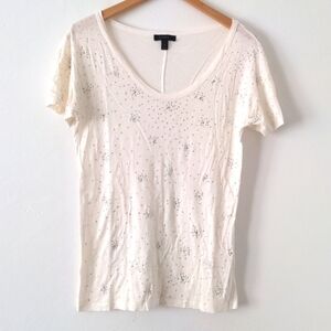 J Crew Semi-Sheer Rhinestone Sequin Crystal Ivory T-Shirt Top sz Small Cotton